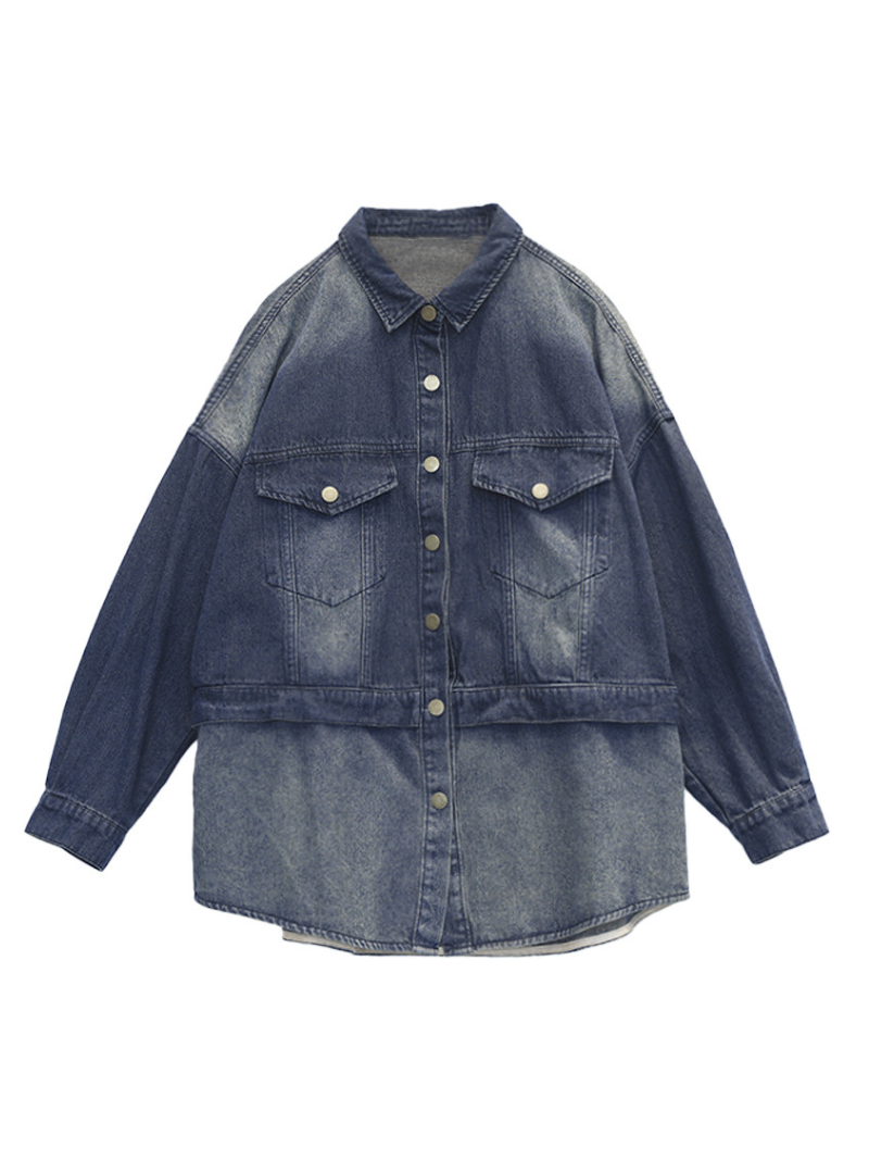 Blue Collared Button Front Flap Pocket Long Sleeve Loose Denim Jacket