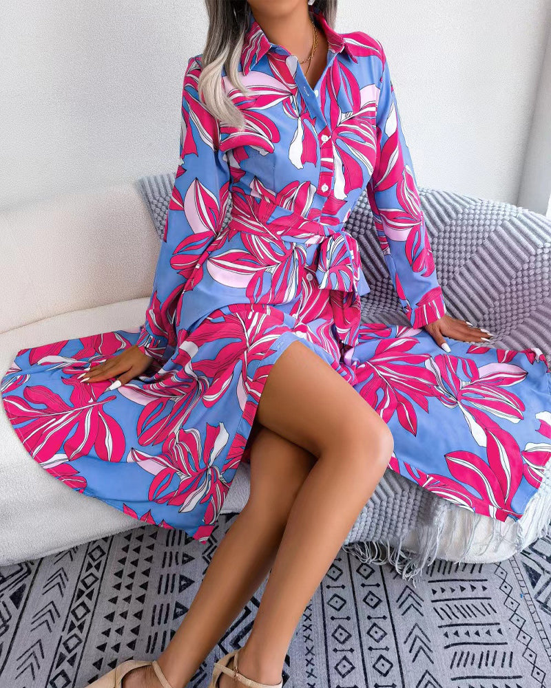 Floral Print Lapel Shirt Dress with Contrast