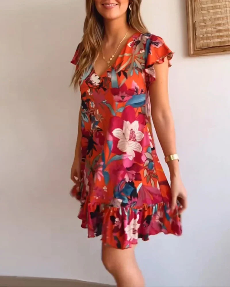 V-Neck Floral Flutter Sleeve Ruffle Hem Swing Mini Dress