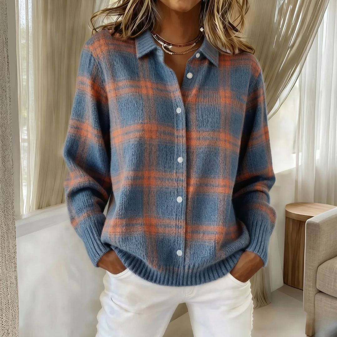 Collared Plaid Knit Button Front Long Sleeve Cardigan 10