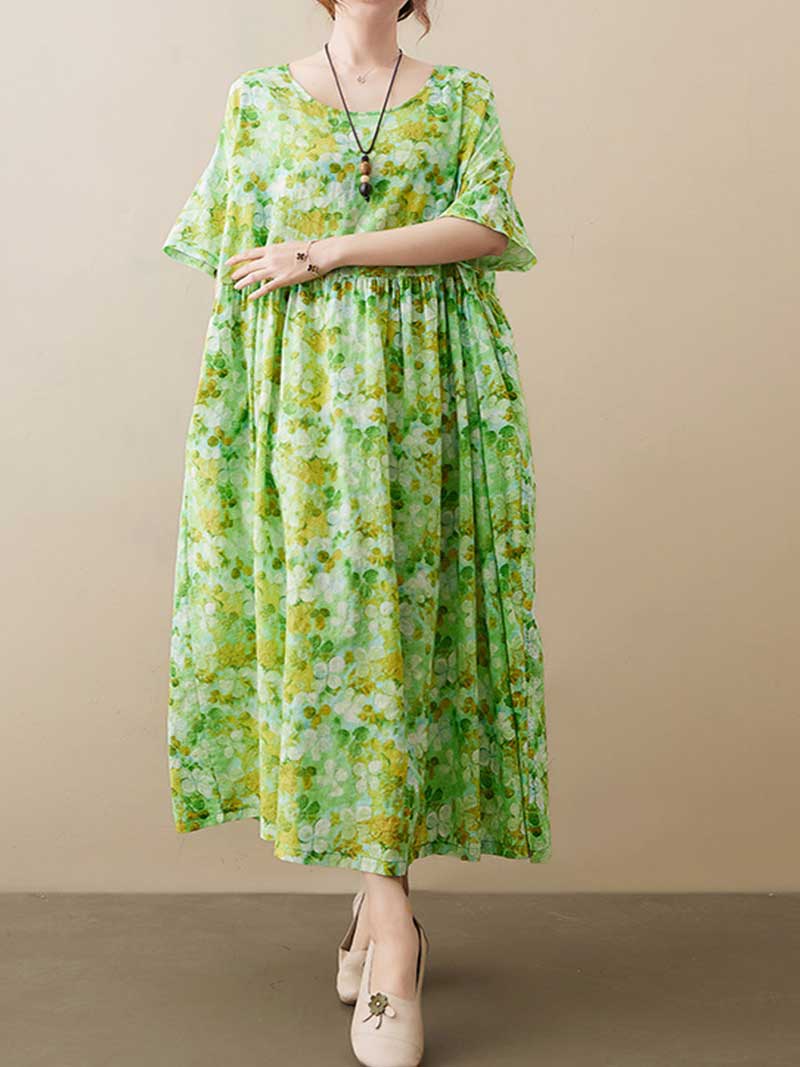 Green Round Neck Short Sleeve Ditsy Floral Pleated Smock Maxi Dress