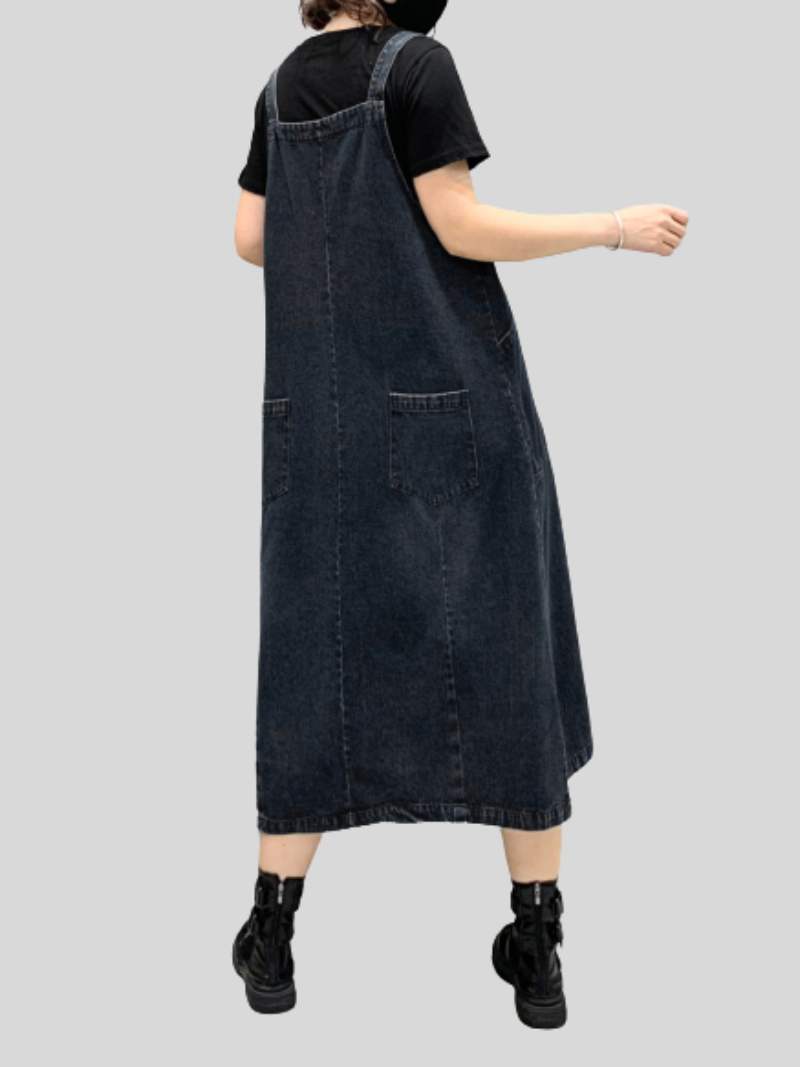 Strap Button Front Pocket Denim Pinafore A-Line Midi Dress 4
