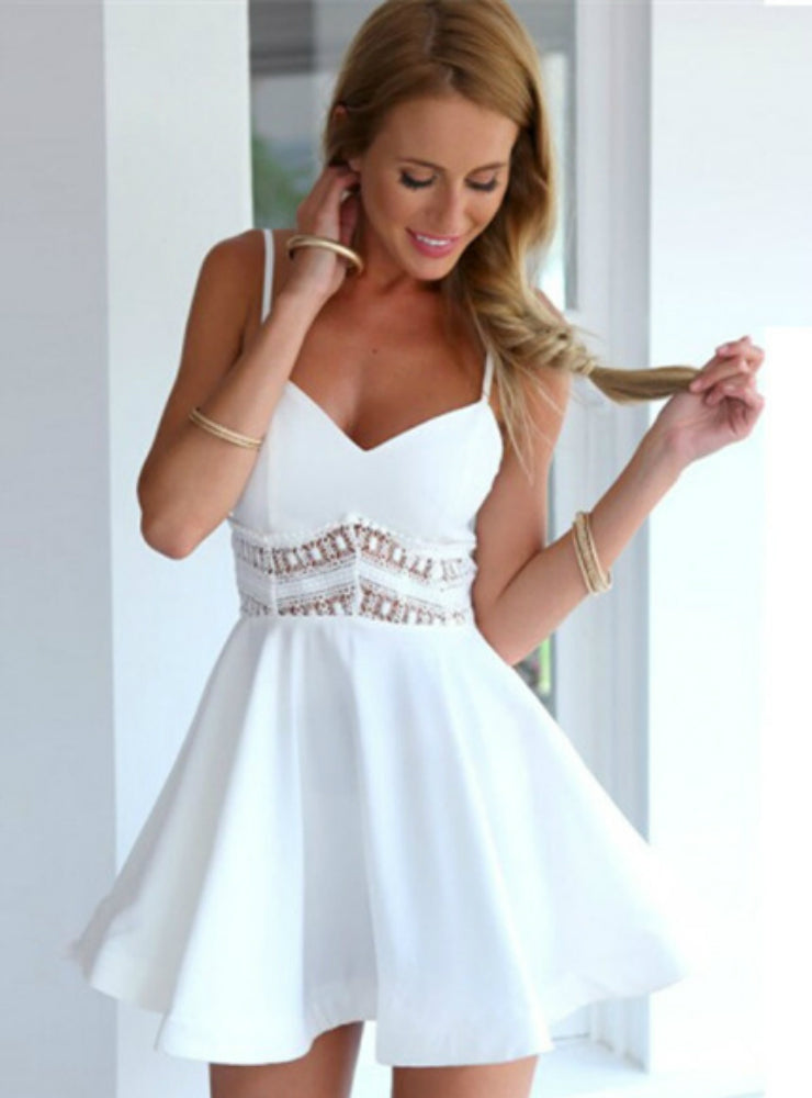 V Neck Crochet Lace Skater Dress With Waist Strap S / White Dresses