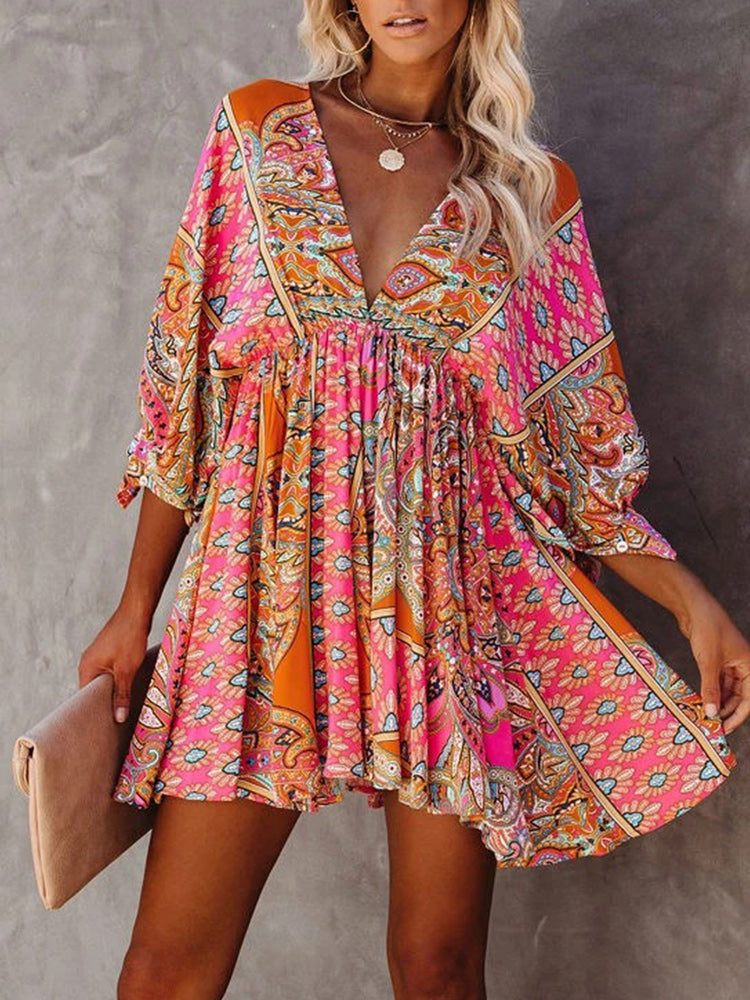 V-Neck Tribal Print Ruched Swing Dress