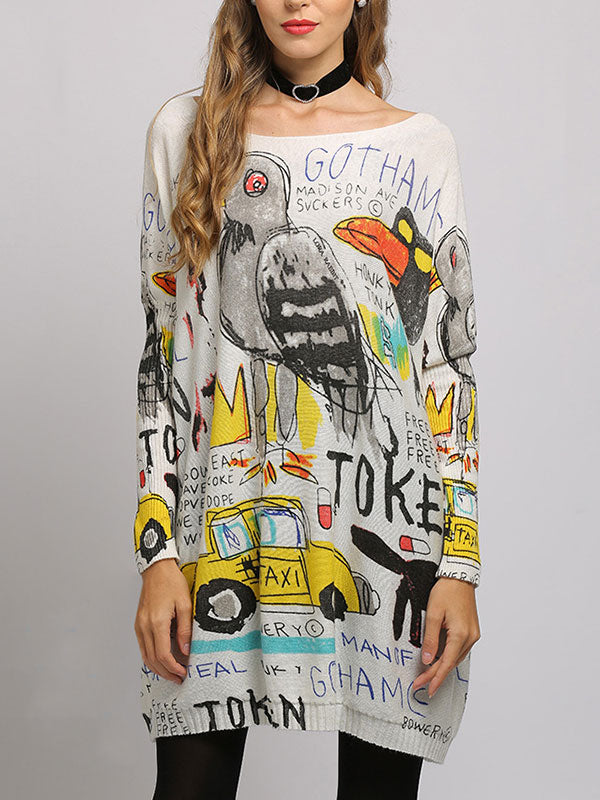 Boat Neck Long Sleeve Graffiti Print Oversized Knit Sweater