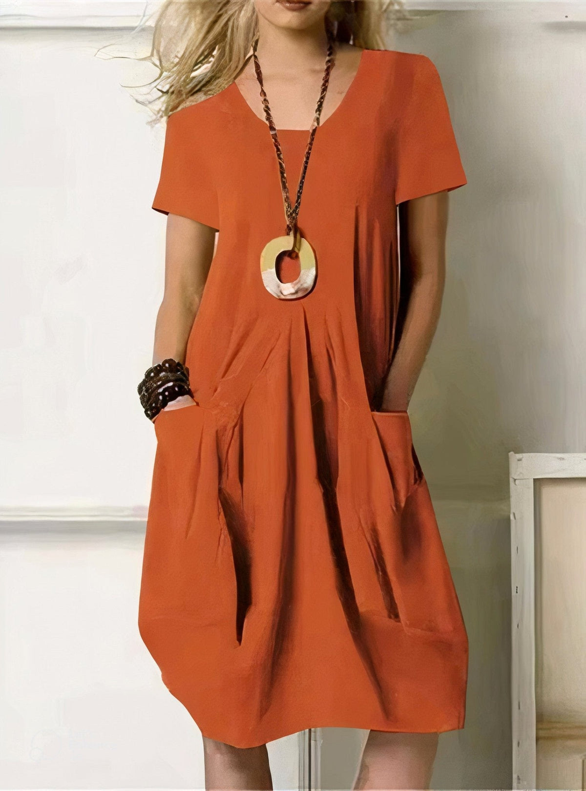 V-Neck Short Sleeve Pocket Relaxed Cocoon Midi Dress 4