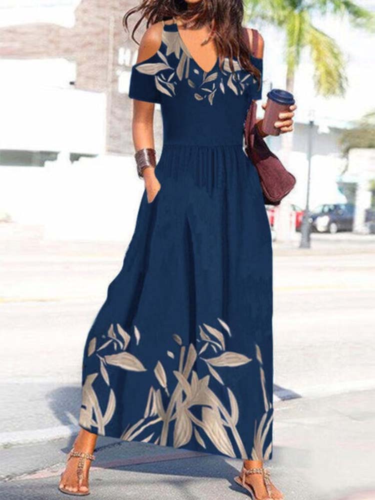 Cobalt Blue Cold Shoulder Pleated V-Neck Summer Maxi Dress