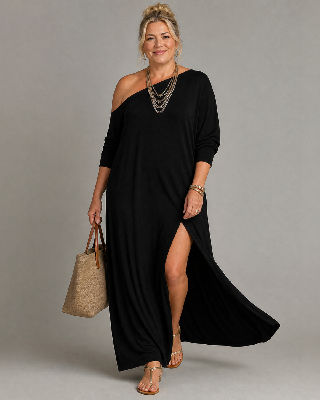 One-Shoulder Long Sleeve Jersey High Slit Relaxed Maxi Dress