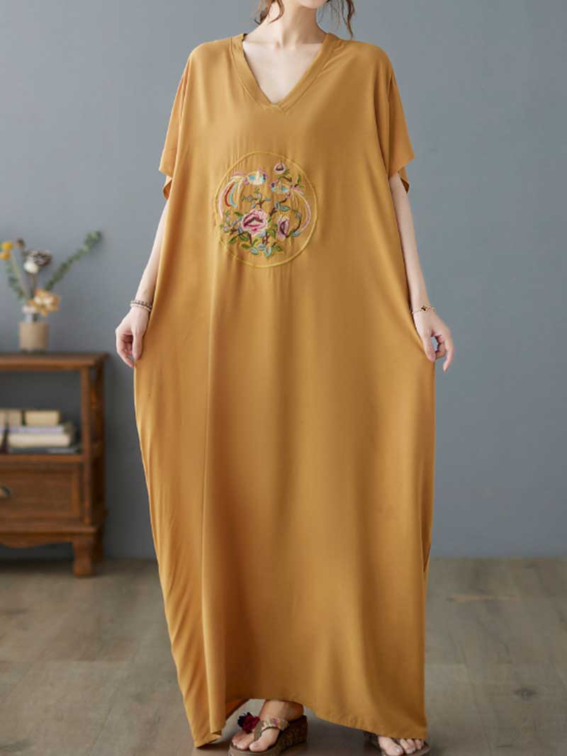 Yellow V-Neck Floral Embroidered Medallion Short Sleeve Loose Kaftan Maxi Dress