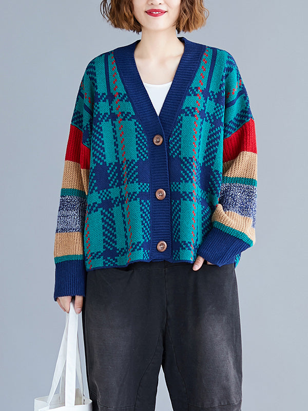 Green V-Neck Button Front Plaid Knit Striped Sleeve Cardigan