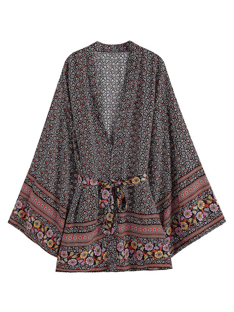 Black Bohemian Floral Border Print Belted Flared Sleeve Short Kimono Robe