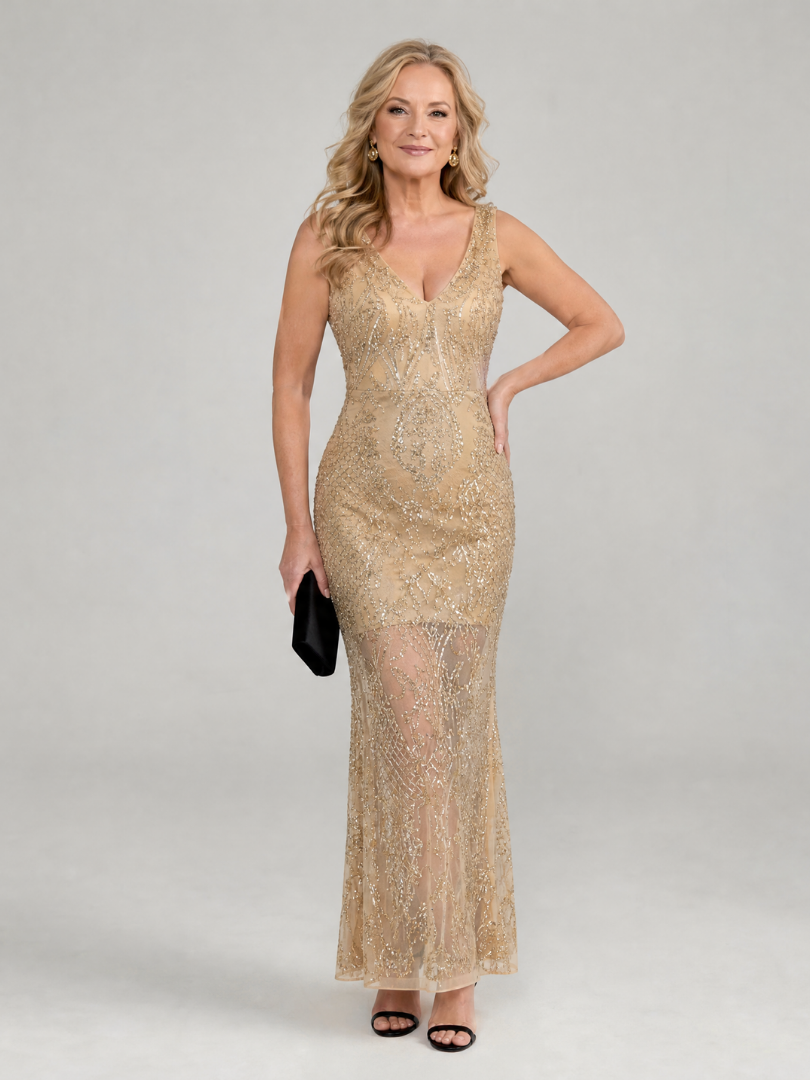 V-Neck Beaded Sequin Illusion Sleeveless Mermaid Maxi Gown