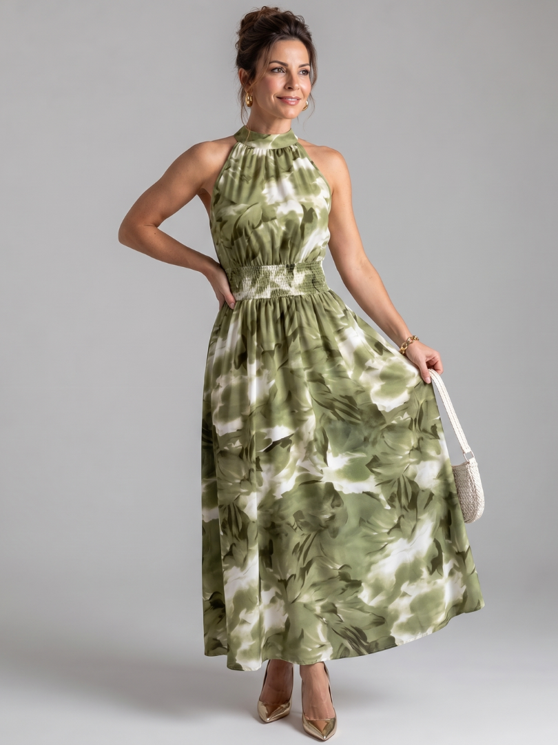 Halter Neck Abstract Floral Smocked Waist Sleeveless Maxi Dress