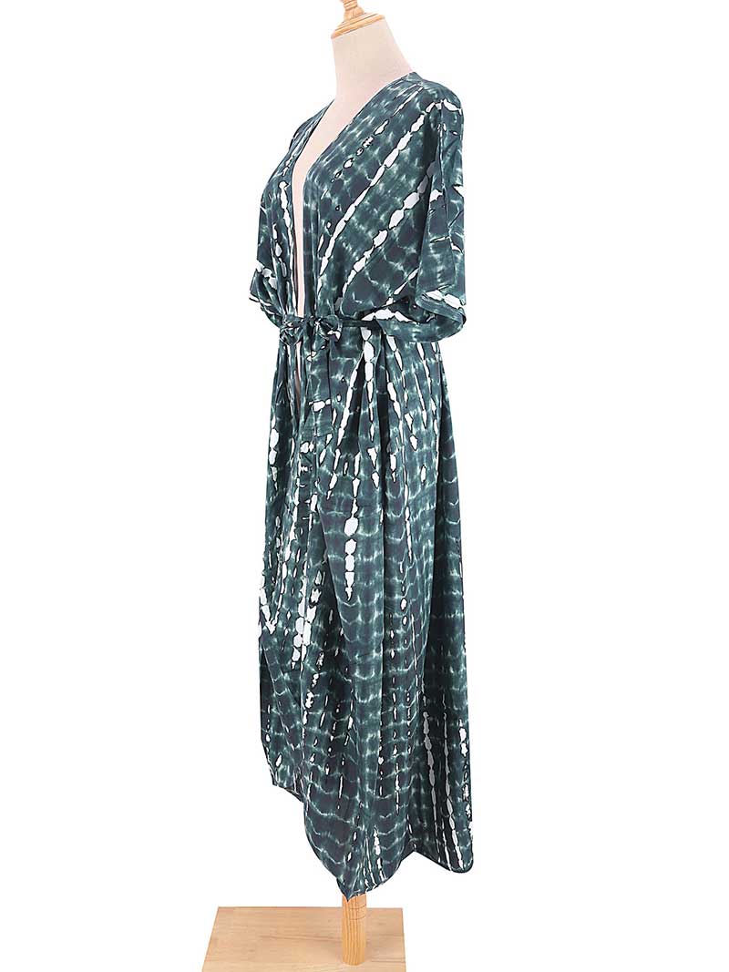 Tie-Dye Print Belted Short Sleeve Long Kimono Duster Robe 11