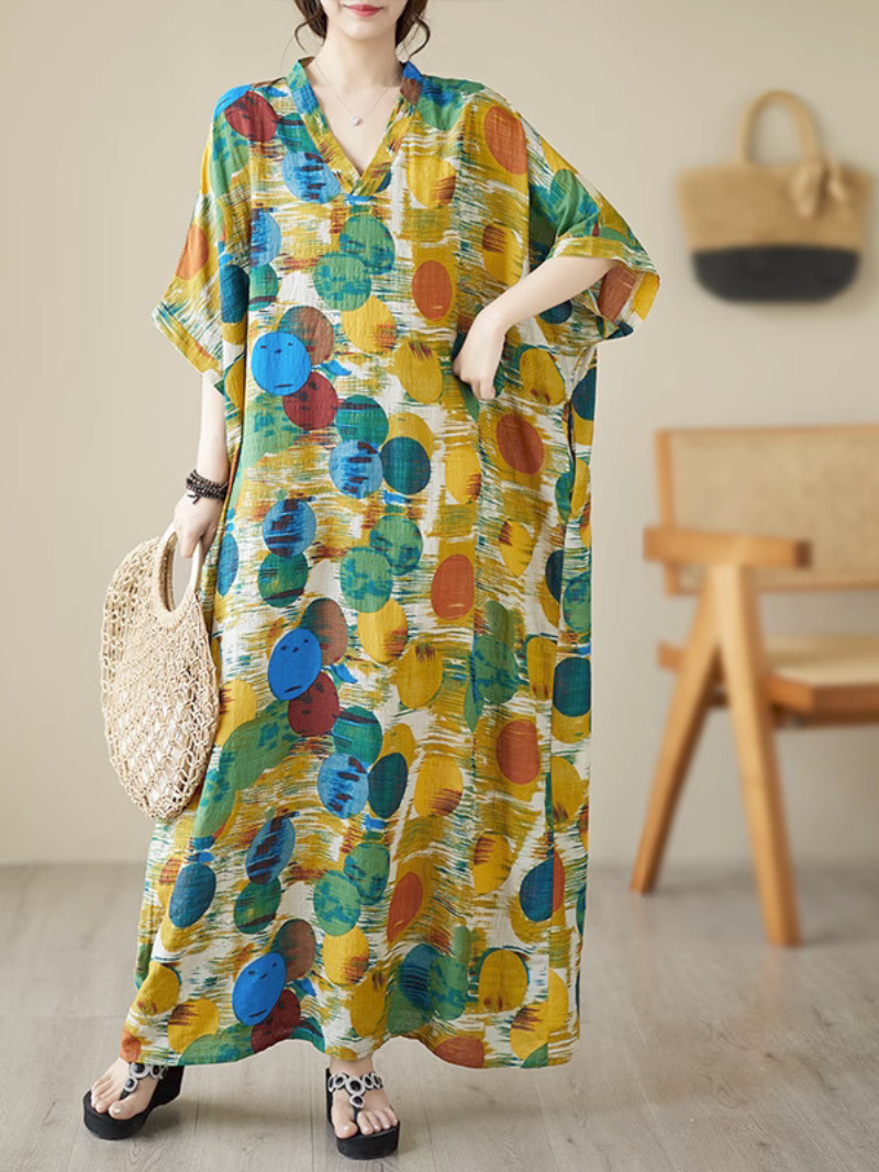 V-Neck Short Sleeve Abstract Dot Print Loose Kaftan Maxi Dress