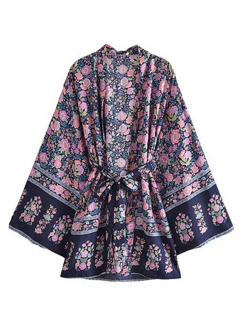 Ditsy Floral Print Wide Sleeve Belted Short Kimono Robe