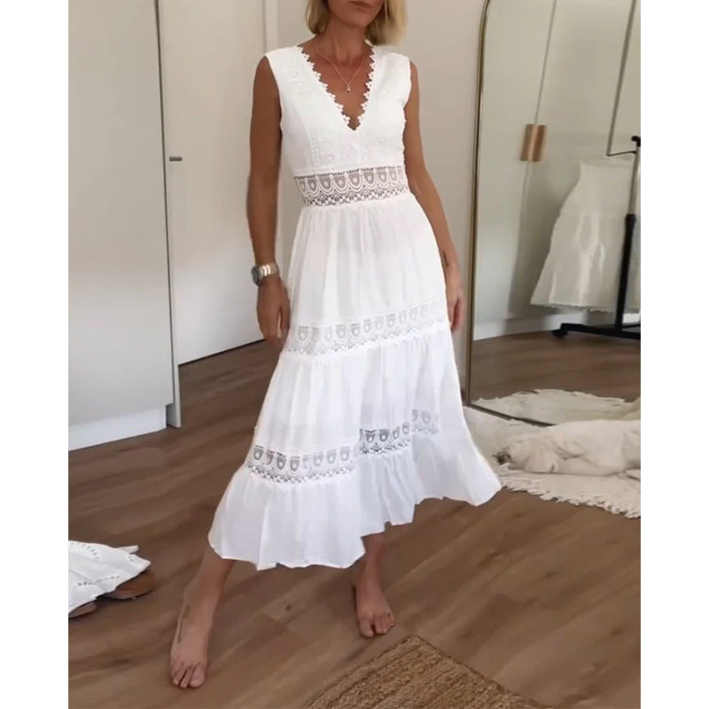 V-Neck Crochet Lace Trim Sleeveless Tiered A-Line Midi Dress