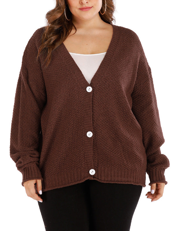 Brown V-Neck Button Front Long Sleeve Knit Cardigan Sweater