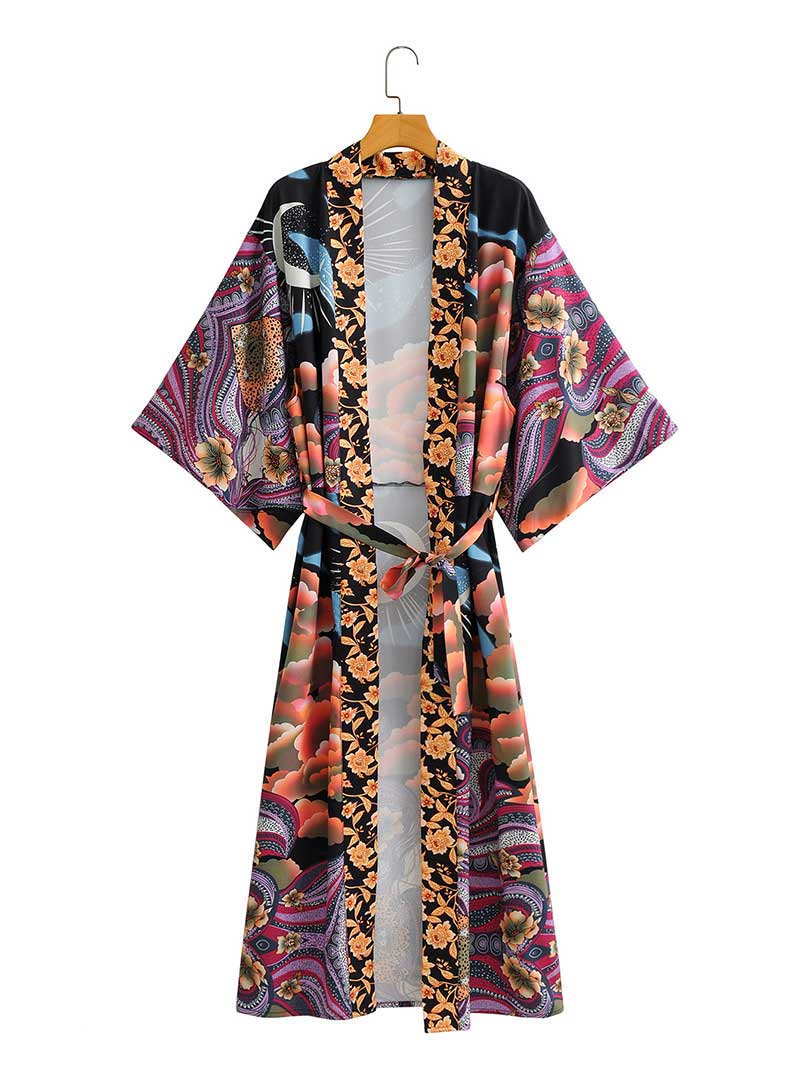 Multicolor Floral Moon Print Tie Waist Bell Sleeve Long Kimono
