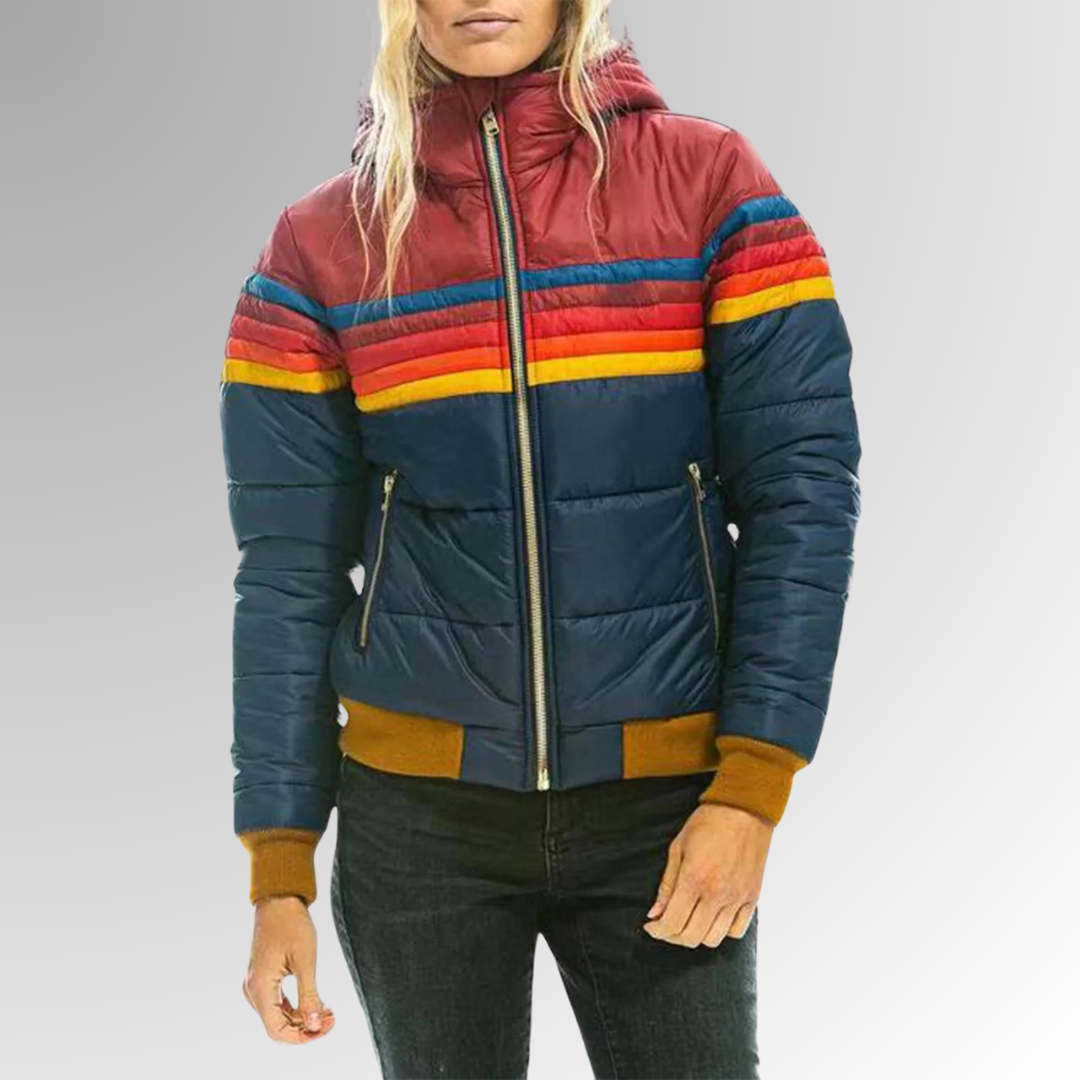 Hooded Zip-Up Colorblock Striped Puffer Jacket 7