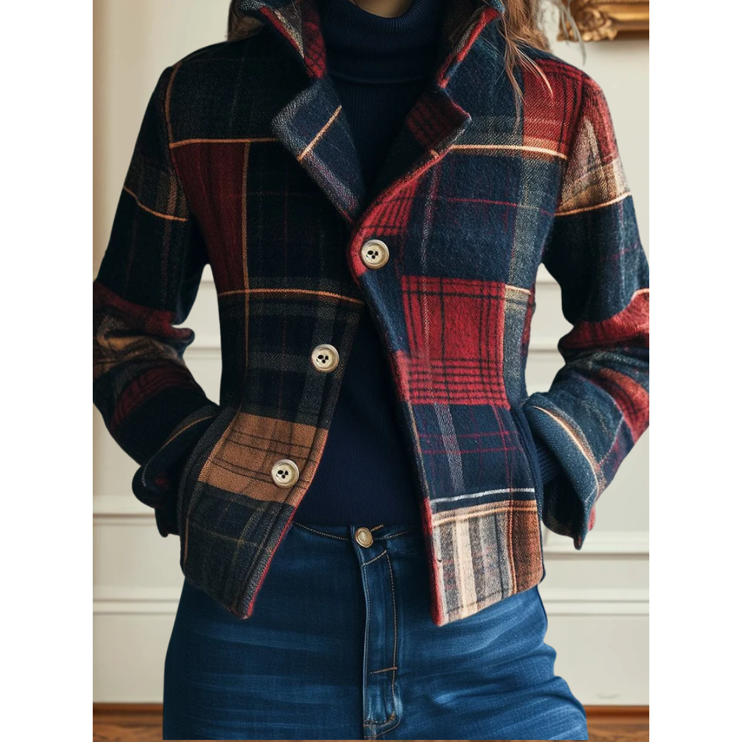 Multicolored Lapel Collar Plaid Button Front Cropped Wool Jacket