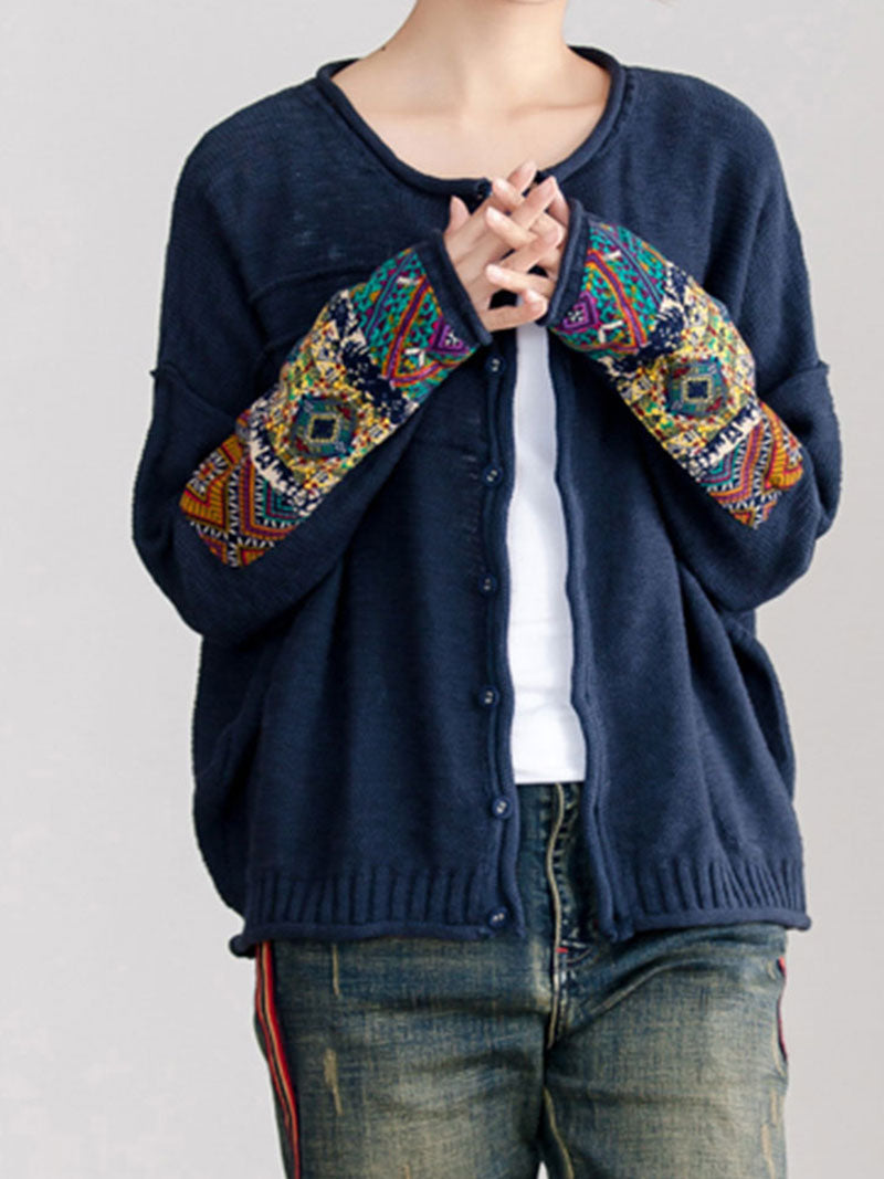 Round Neck Embroidered Sleeve Button Front Knit Cardigan
