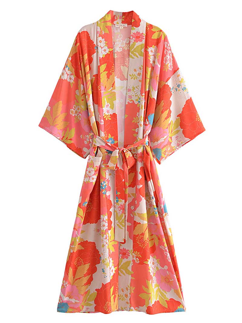 Multicolor Tropical Floral Print Belted Long Length Kimono Robe