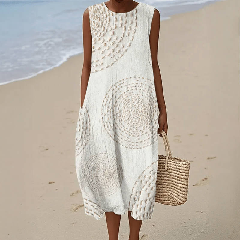 Crew Neck Textured Circle Medallion Pocket Cocoon Midi Dress