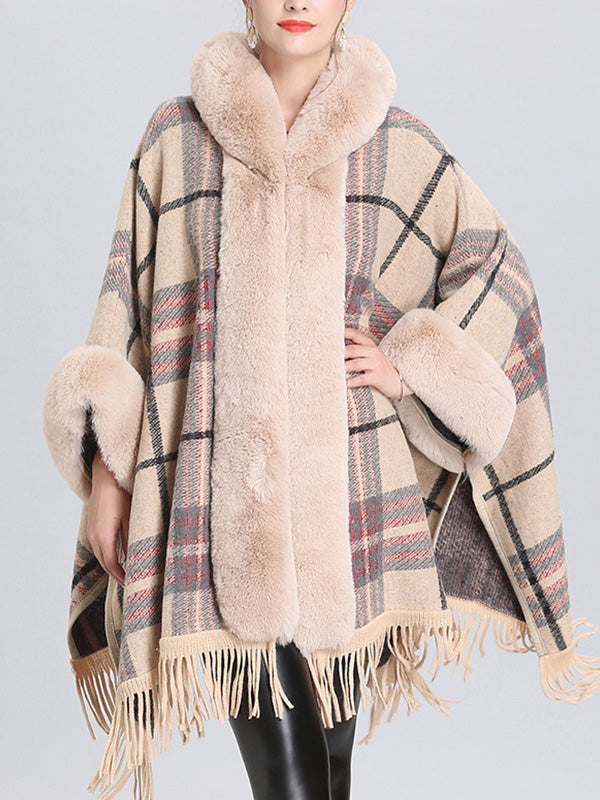 Faux Fur Trim Plaid Tassel Hem Cape Poncho Cardigan