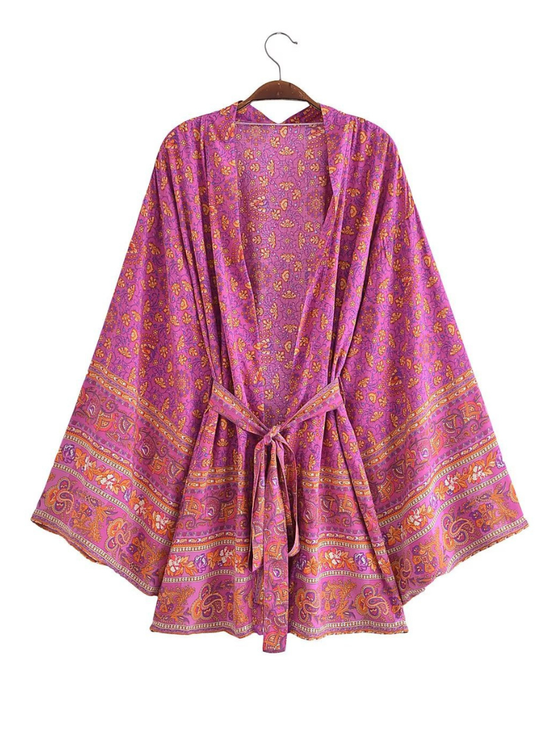 Paisley Floral Print Border Bell Sleeve Short Kimono