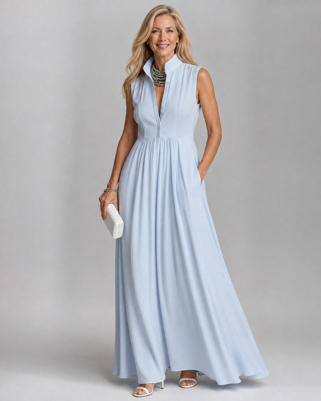 Sky Blue High Collar V-Neck Sleeveless Flowy A-Line Maxi Dress