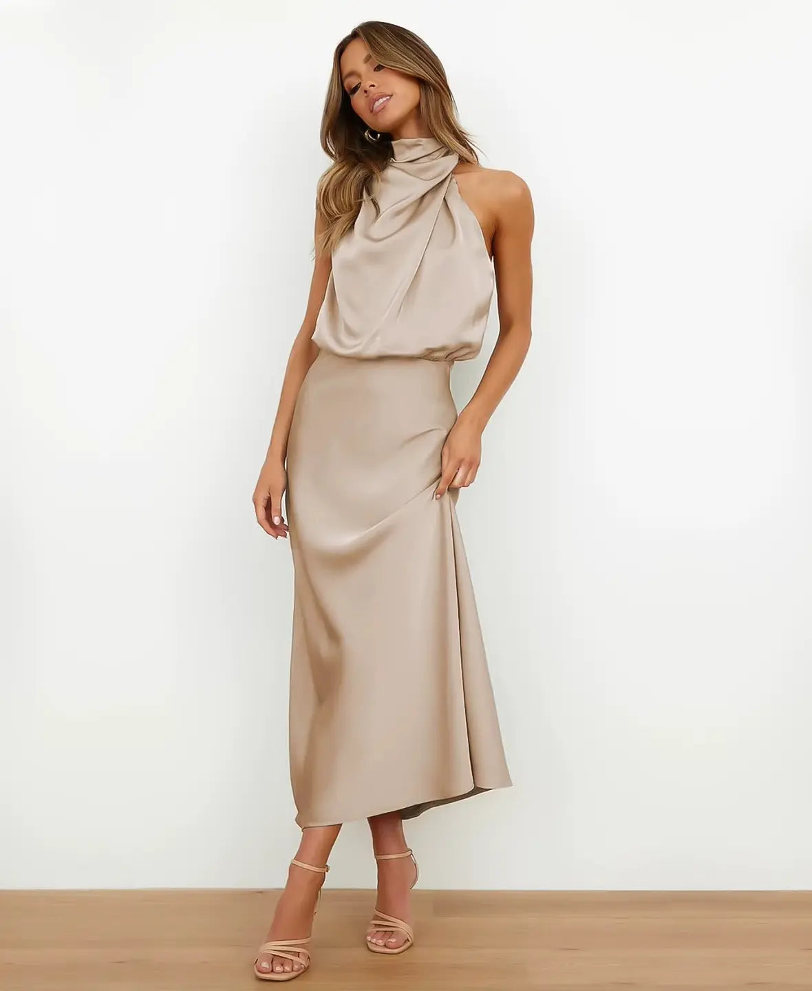 Halter Neck Draped Satin Sleeveless A-Line Maxi Dress