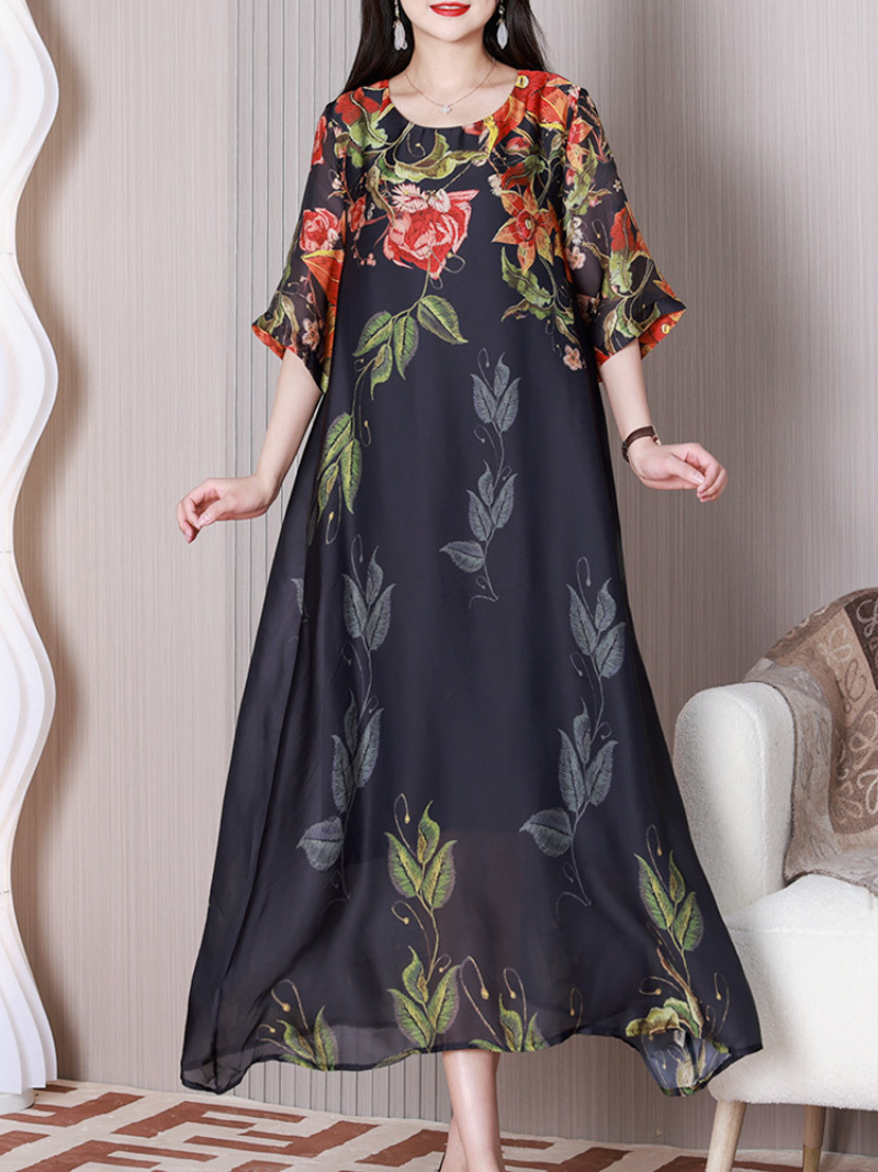Round Neck Floral Flutter Sleeve Chiffon A-Line Maxi Dress