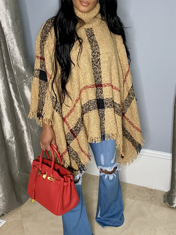 Plaid Fringe Trim Turtleneck Knit Poncho Cape