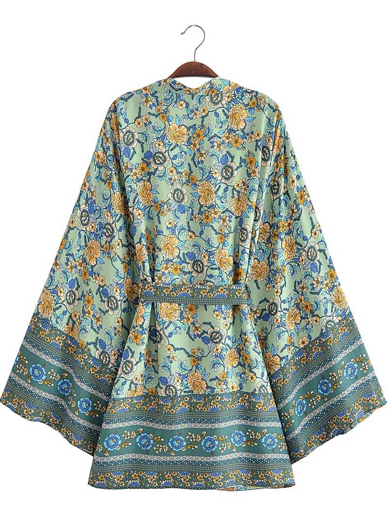 Ditsy Floral Border Print Belted Open-Front Short Kimono 5