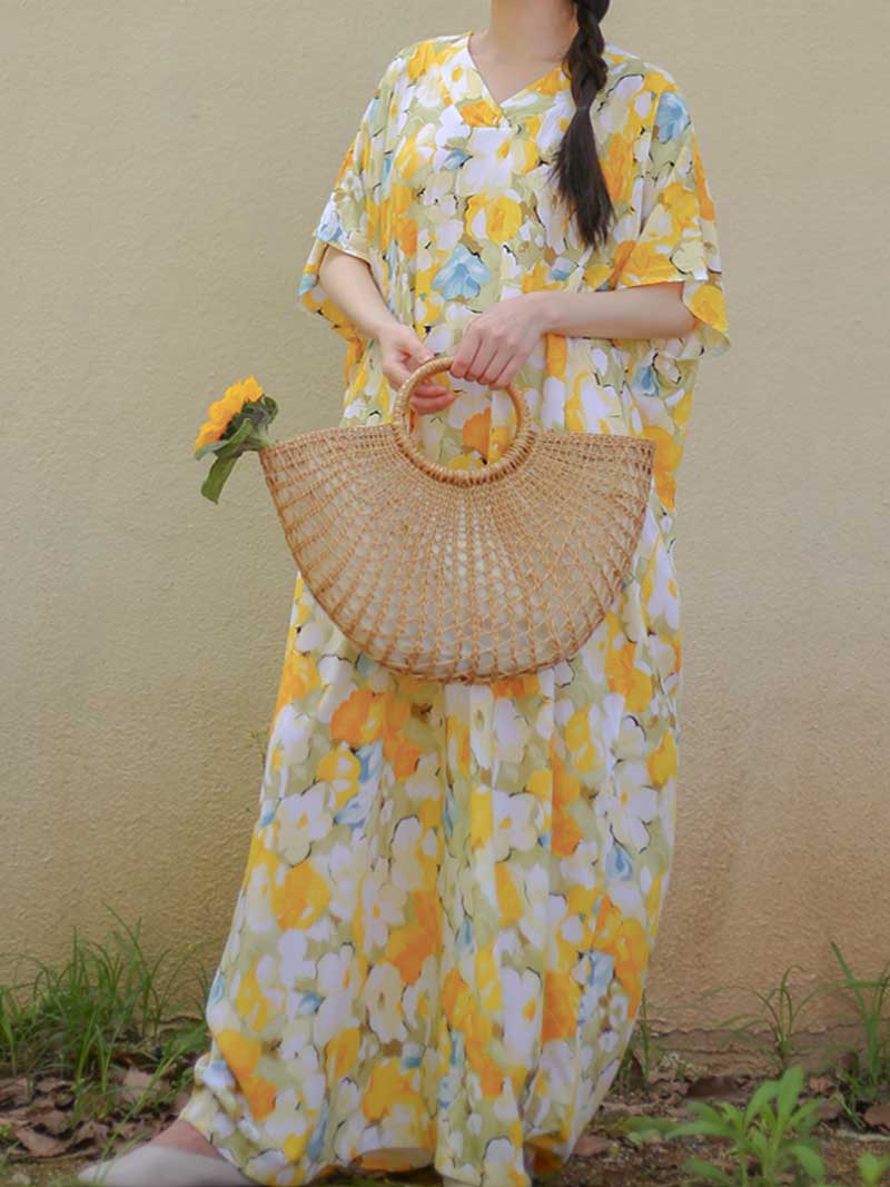 Yellow V-Neck Batwing Sleeve Watercolor Floral Loose Kaftan Maxi Dress