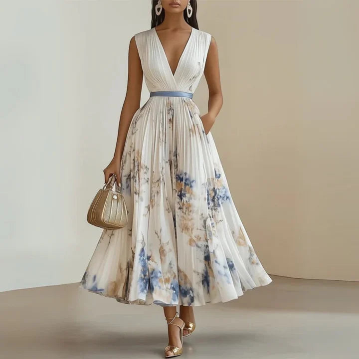 V-Neck Sleeveless Pleated Belted Watercolor Floral A-Line Midi Dress