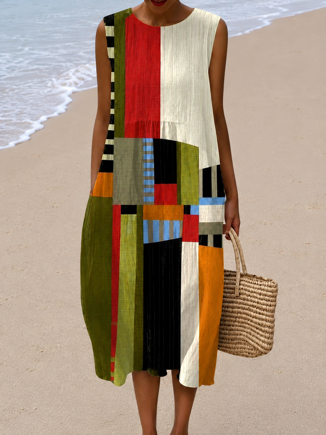 Round Neck Sleeveless Geometric Abstract Print Shift Midi Dress