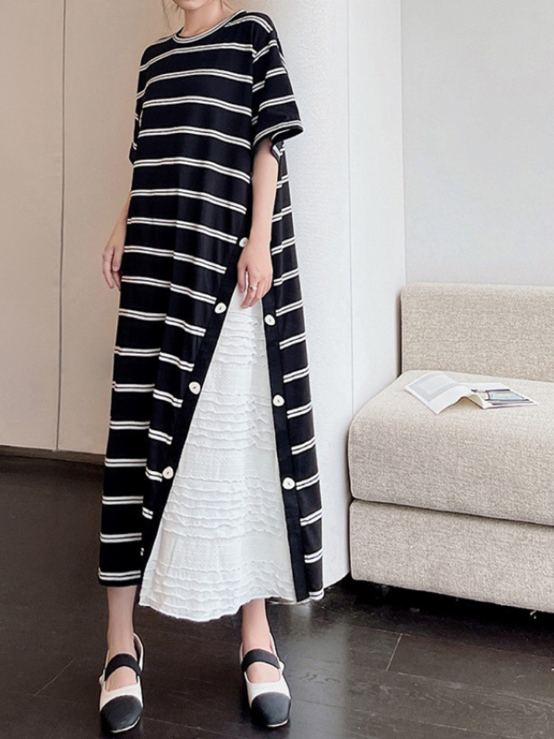 Black Round Neck Striped Short Sleeve Button Tiered Ruffle Maxi Dress