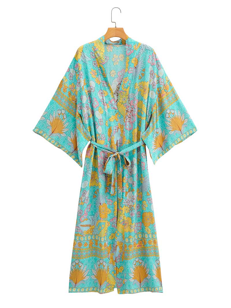 Green Tropical Floral Bohemian Print Tie Waist Long Kimono Robe