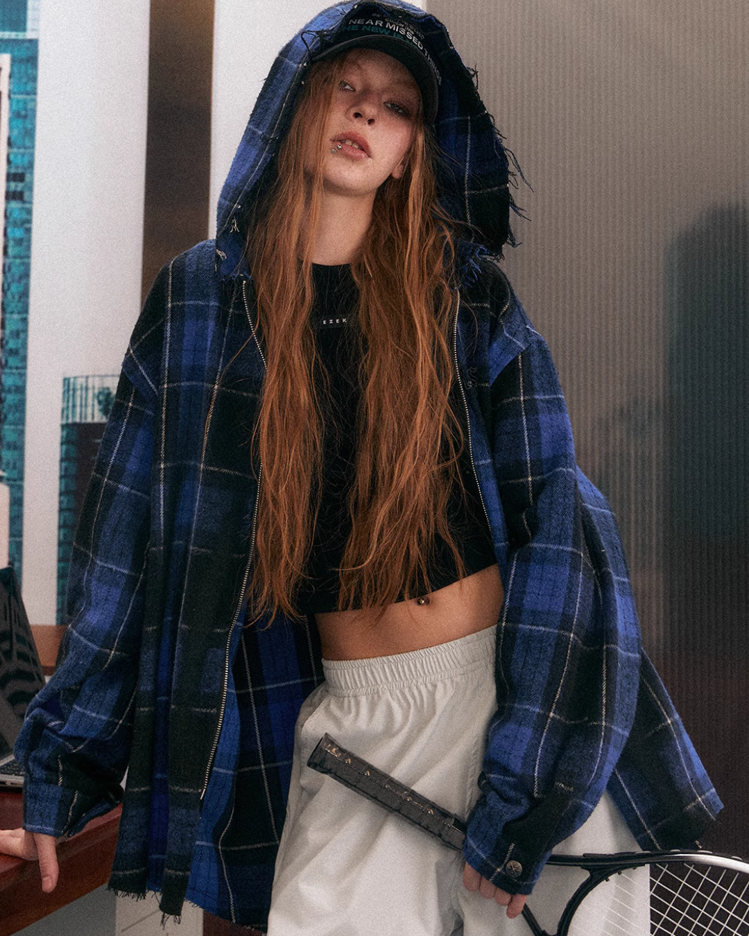Blue Plaid Oversized Hooded Jacket