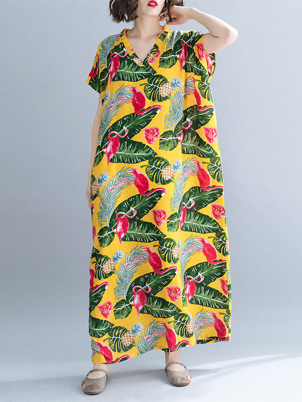 V-Neck Tropical Flamingo Print Short Sleeve Loose Kaftan Maxi Dress