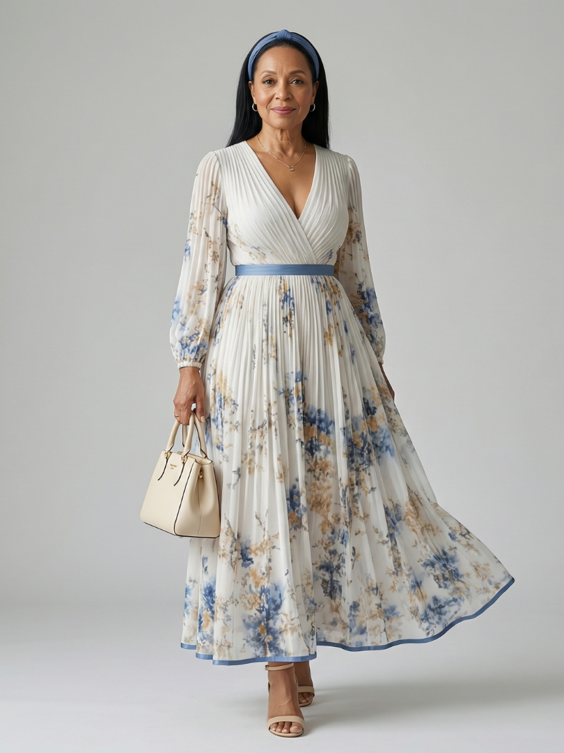White V-Neck Wrap Pleated Floral Long Sleeve Flowy Maxi Dress