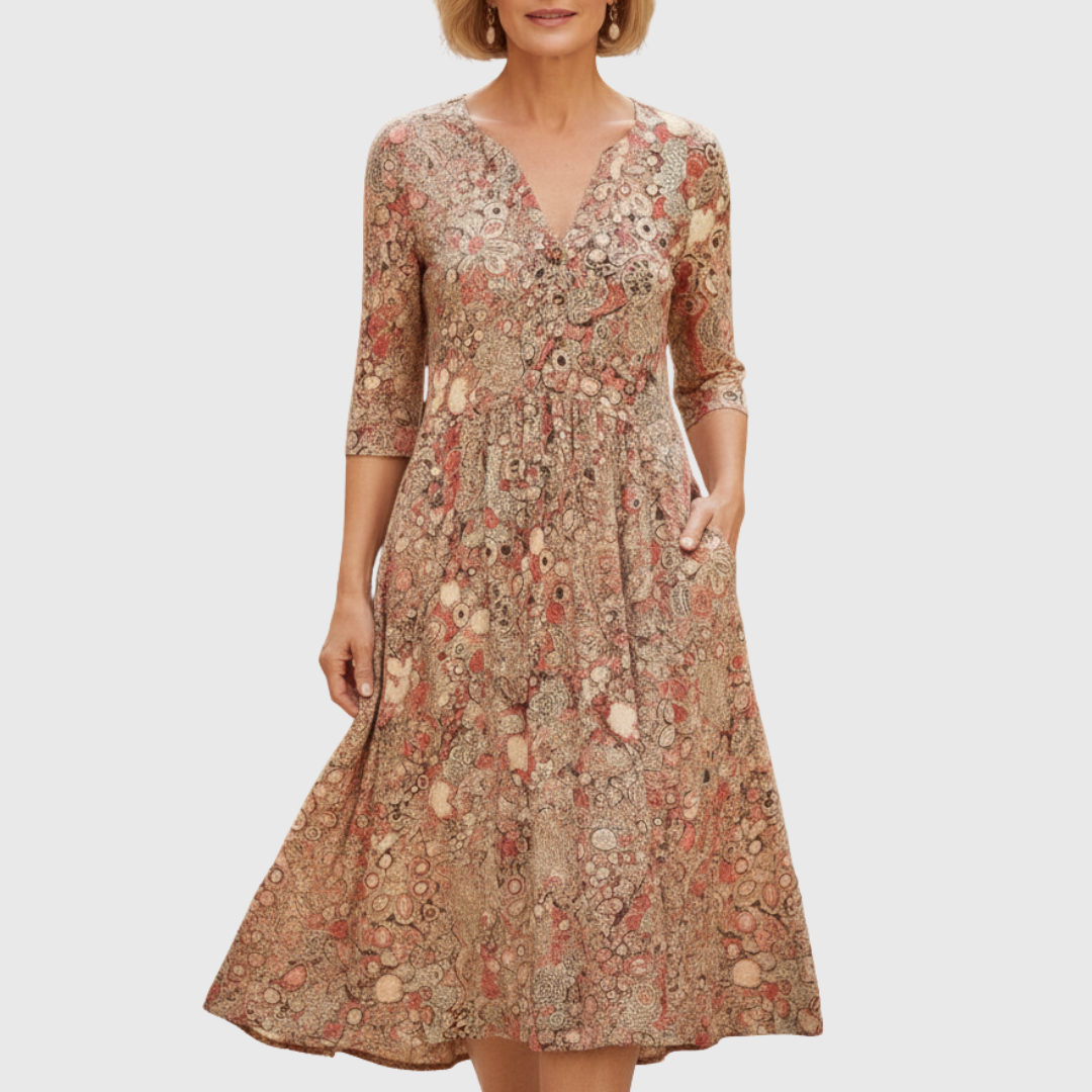 V-Neck Three Quarter Sleeve Floral Button Front A-Line Midi Dress