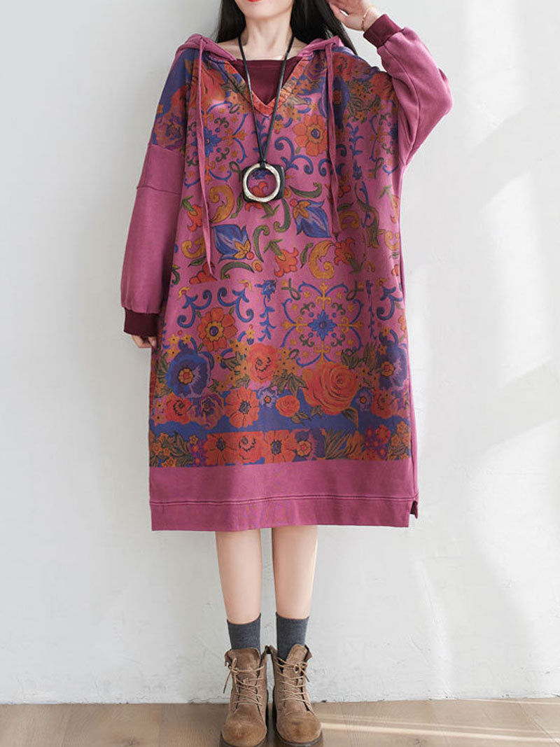 Hooded Floral Print Long Sleeve Loose Midi Dress 3