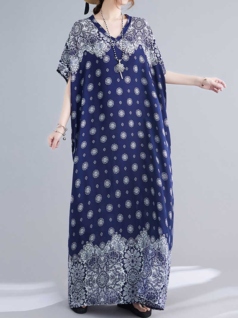 Blue V-Neck Short Sleeve Medallion Print Loose Kaftan Maxi Dress
