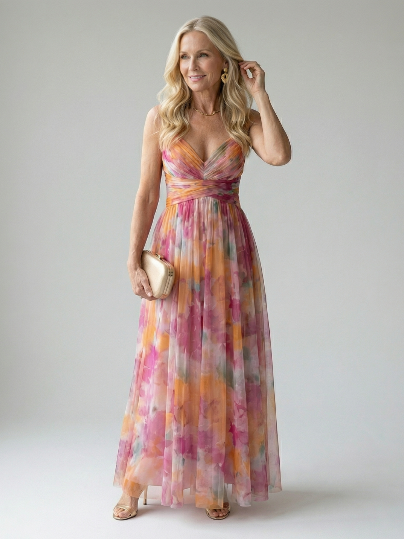 Spaghetti Strap V-Neck Floral Print Pleated Tulle Maxi Gown