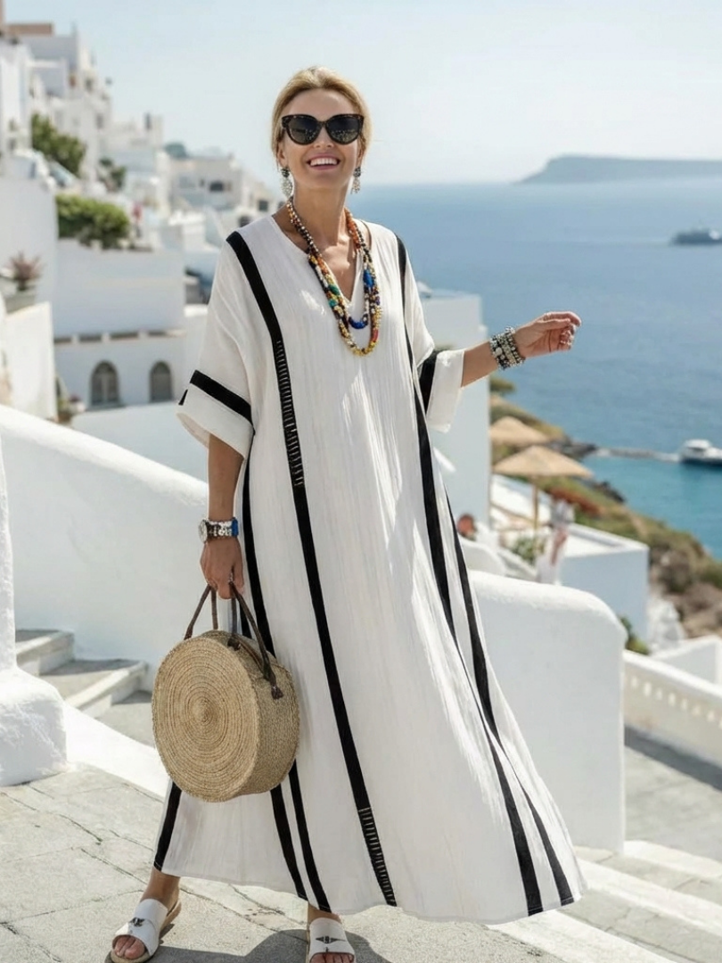 White V-Neck Striped Batwing Sleeve Loose Kaftan Maxi Dress