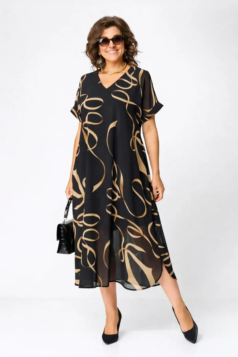 V-Neck Short Sleeve Abstract Swirl Print Chiffon A-Line Midi Dress