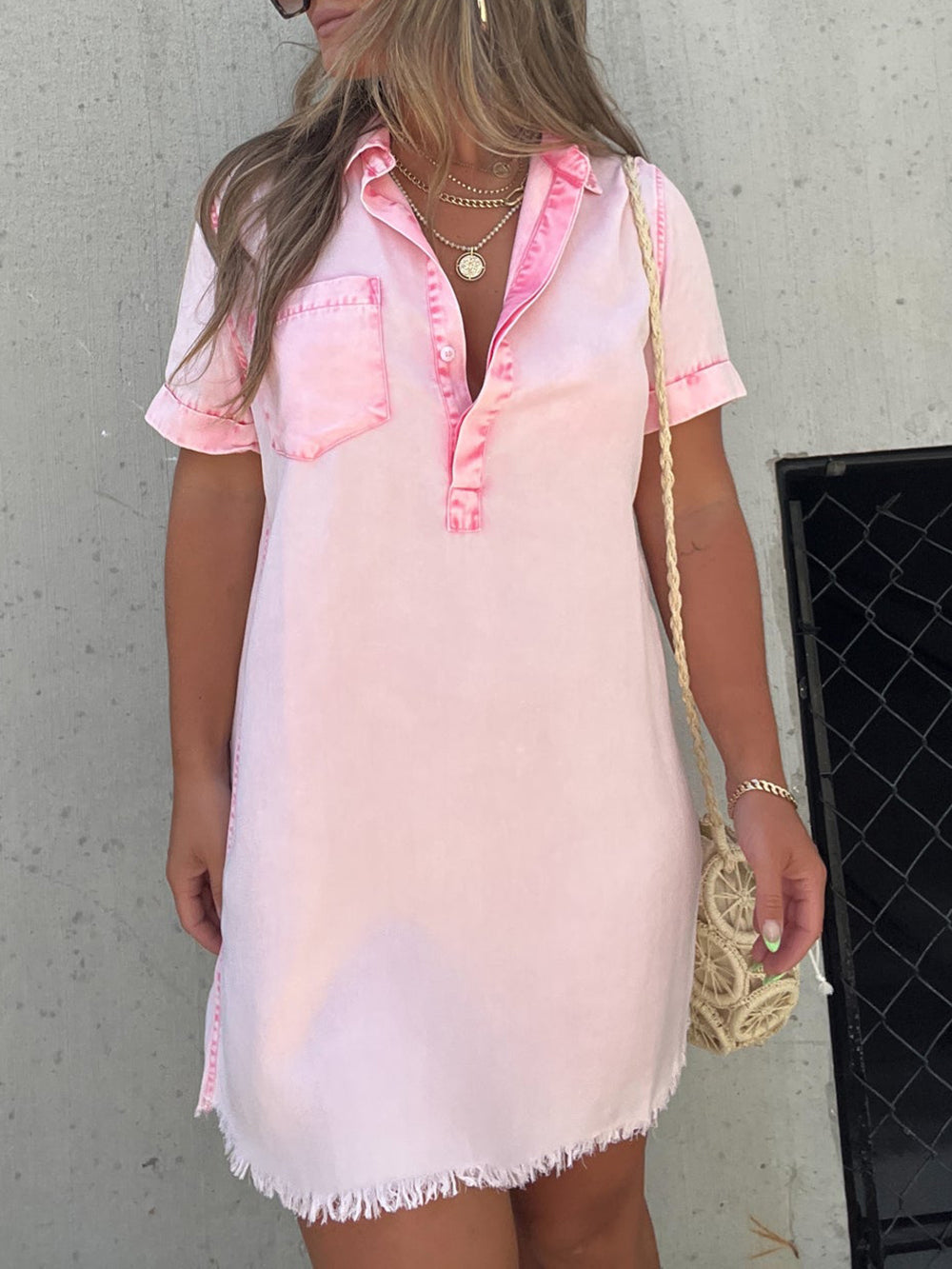Collared Short Sleeve Frayed Hem Denim Shift Mini Dress 2
